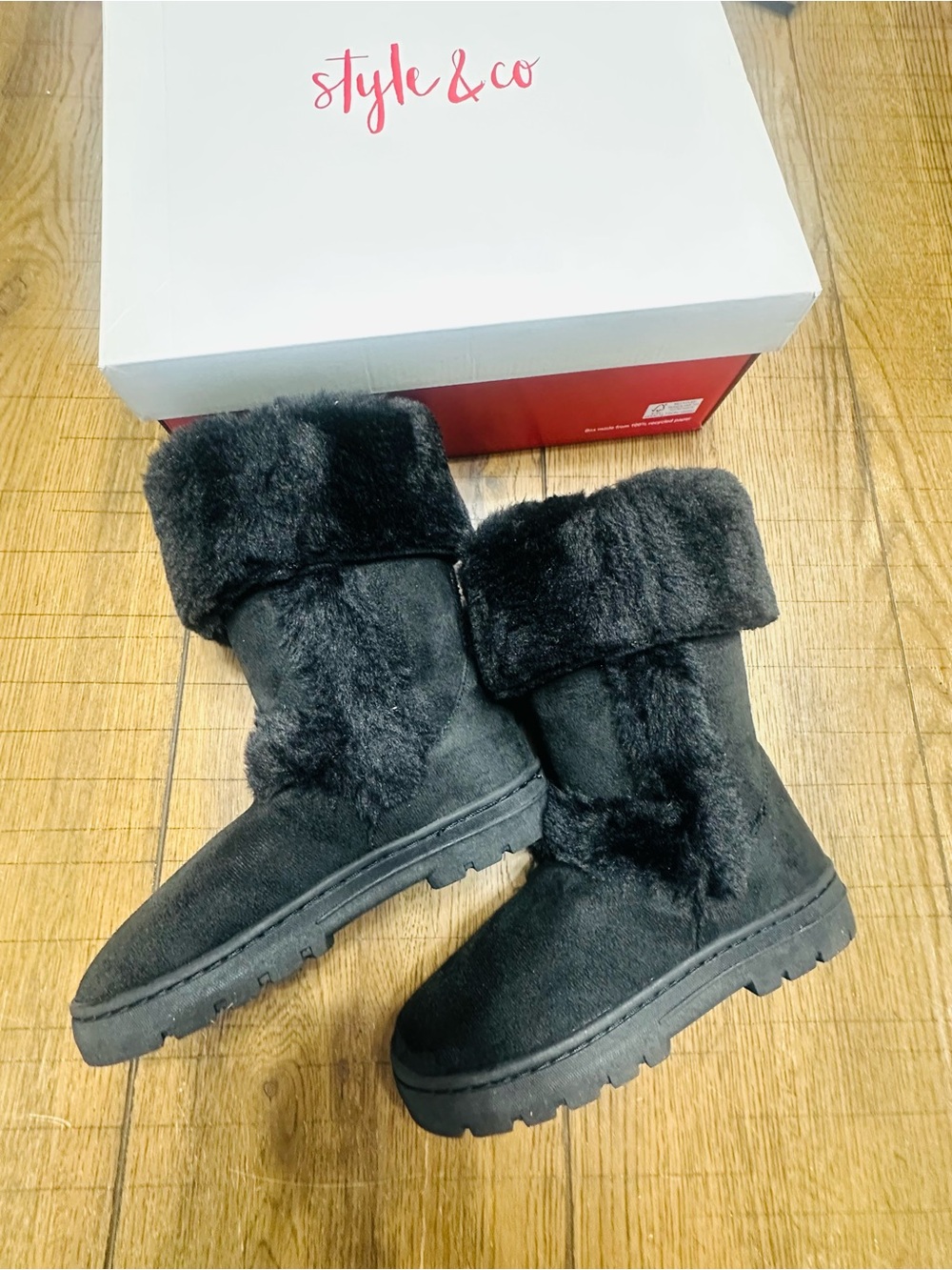 Style & Co. Black Faux Fur Cuffed Winter Boots Women’s 5 NIB